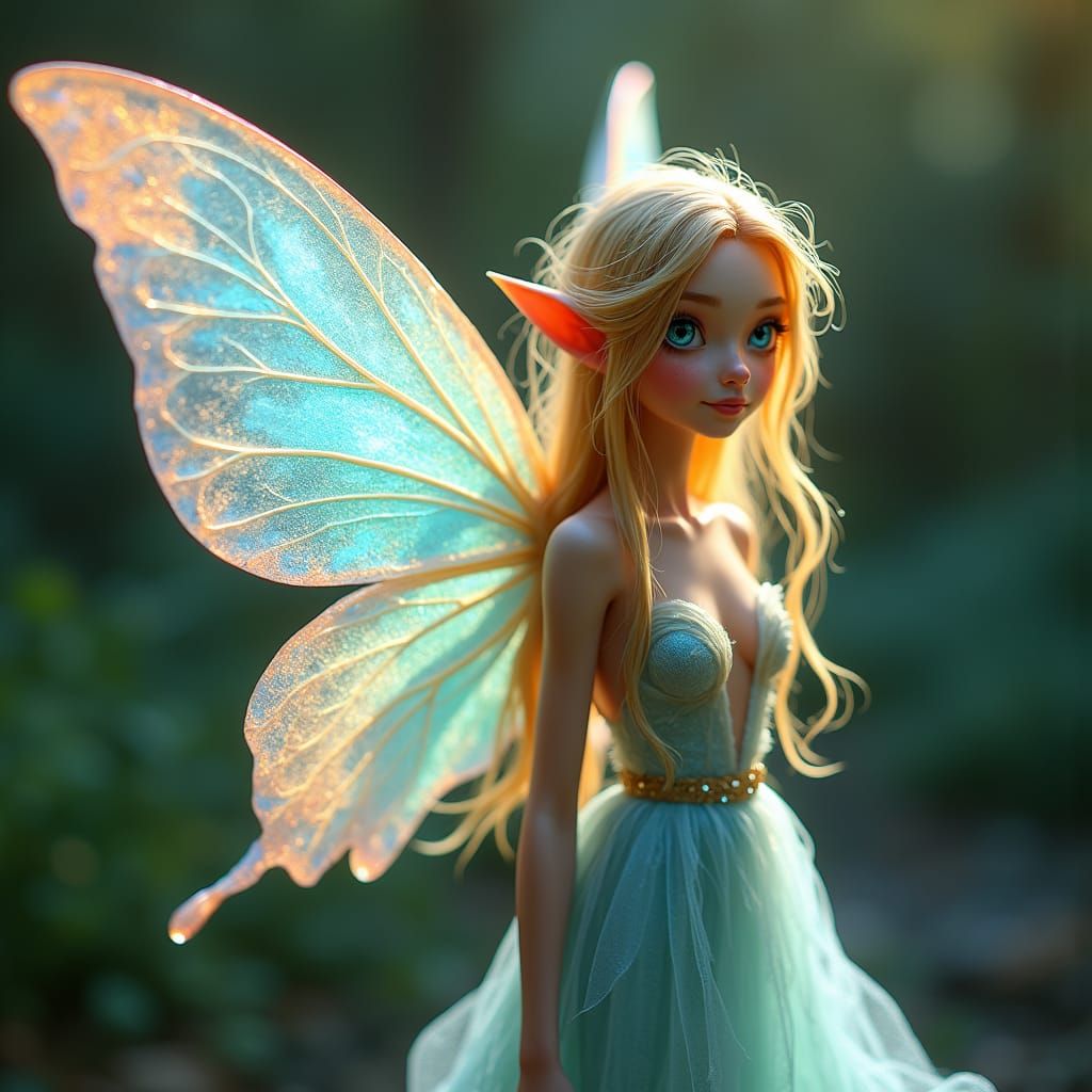Iridescent Fairy with Golden Hair and Flower Gown