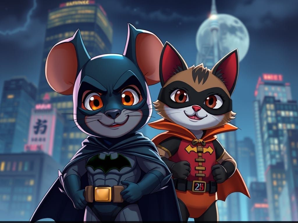 Cartoon Batman Mouse & Robin Cat in Dynamic City Night