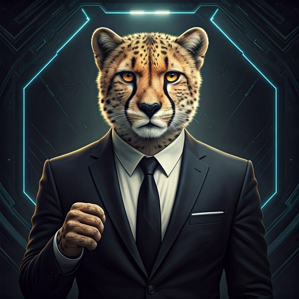 Cyberpunk Cheetah Rapper in Futuristic Black Tie