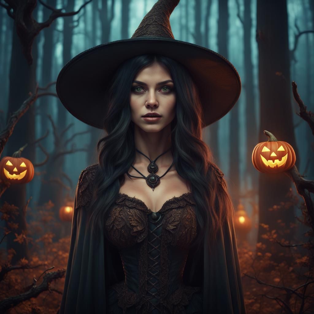 Young Halloween Witch in Forest: Detailed Matte Painting