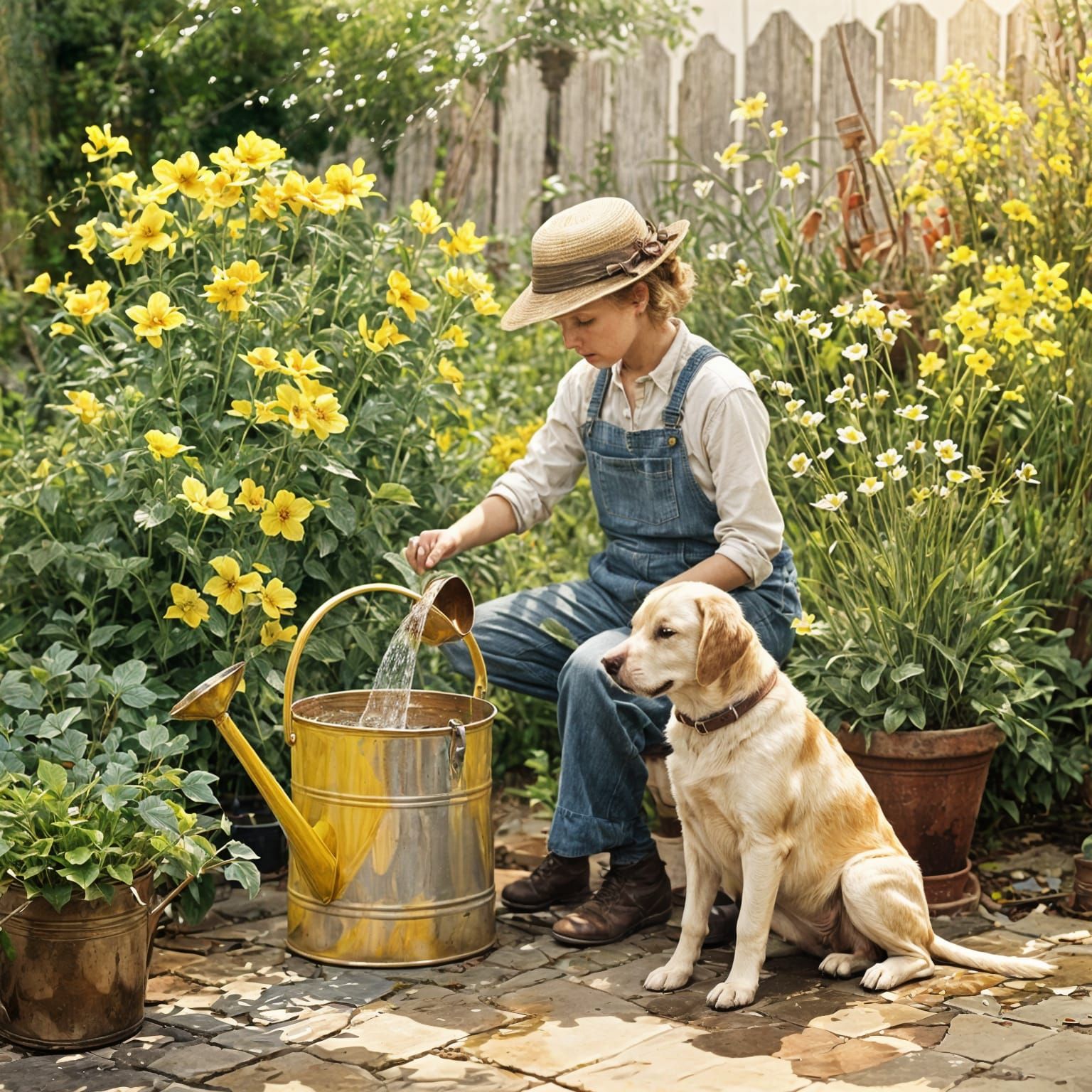 Yellow Lab Puppy with Plants in Antique Watercolor