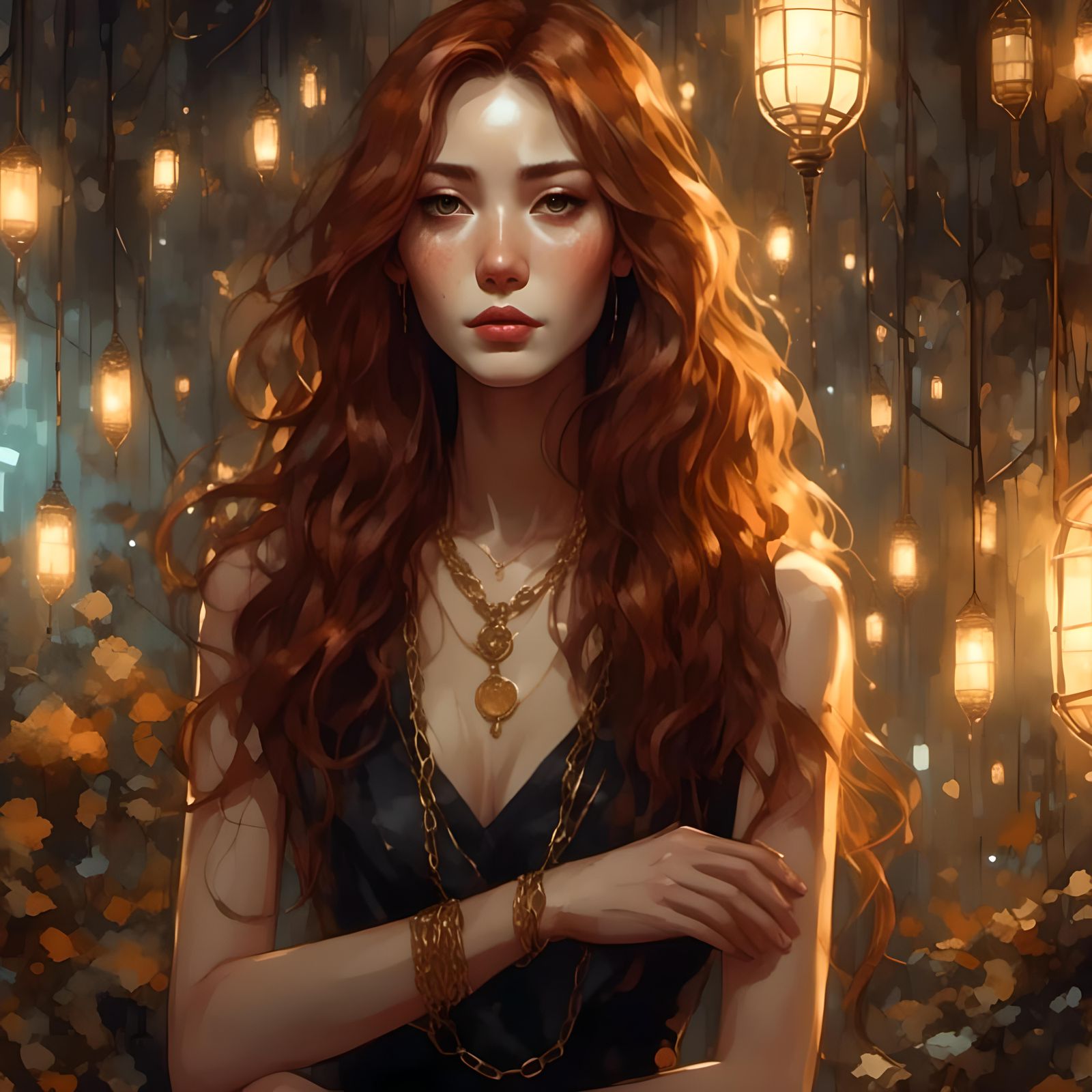 Elegant Auburn-Haired Woman in Modern Interior, Digital Art