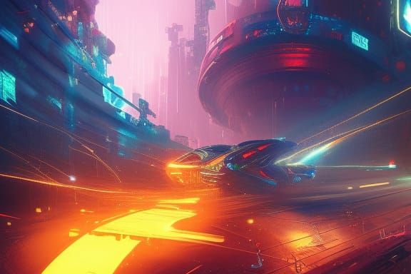 Vibrant Cyberpunk Fossil in Neon Amber Light