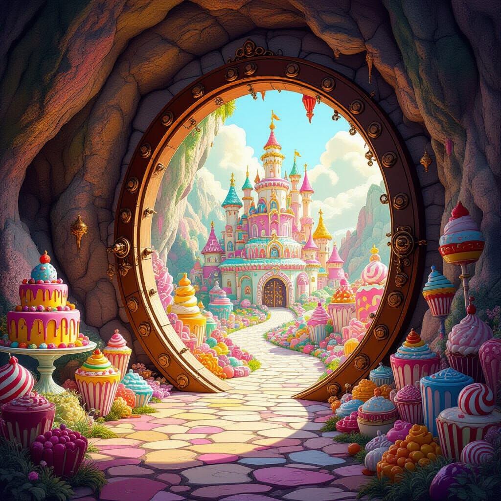 Fantastical Candy Land Illustration with Cakes and Candies