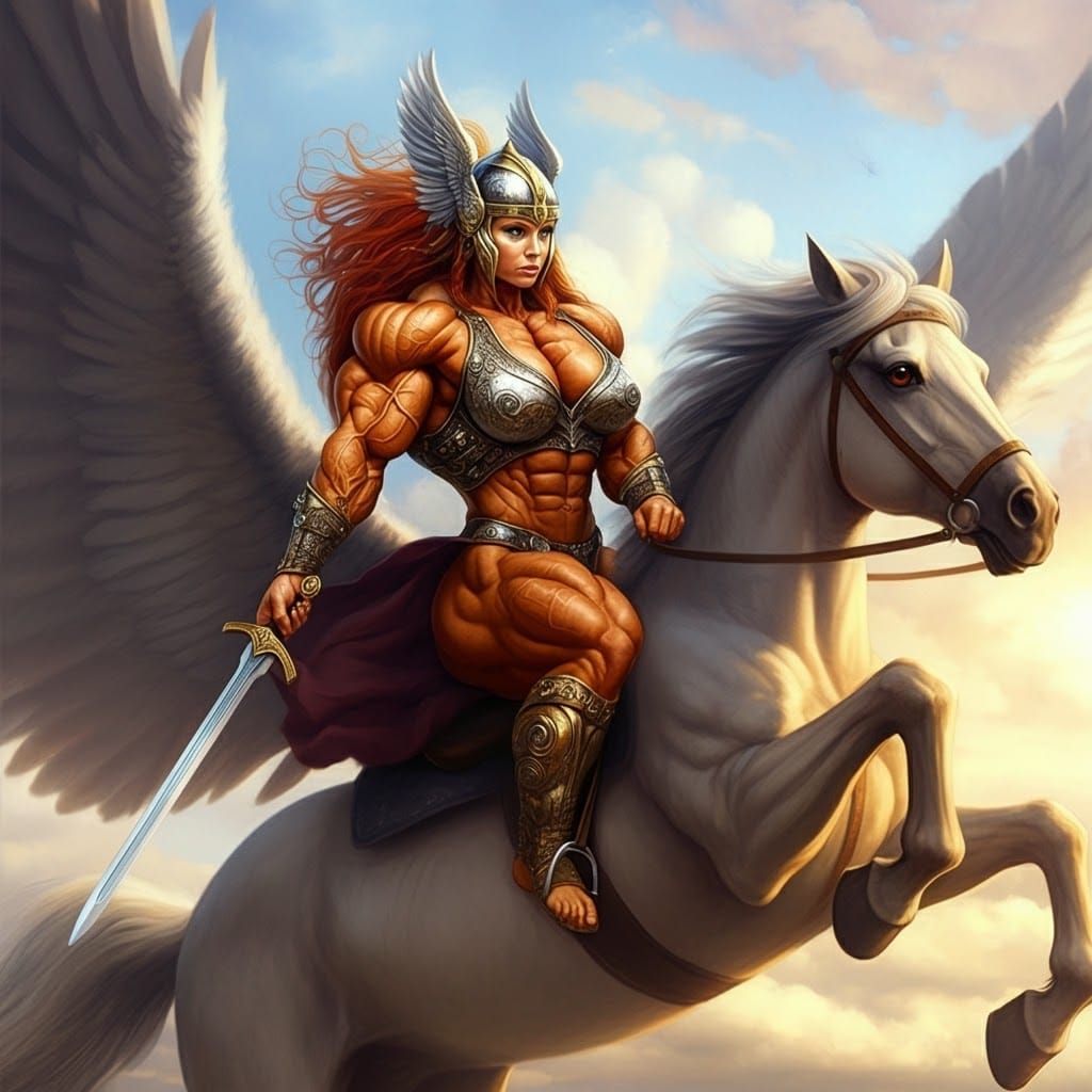 Valkyrie on Winged Horse in Fantasy Art Style