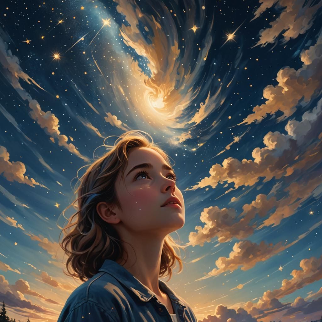 Girl Gazing at Starry Night Sky as Pixel Art