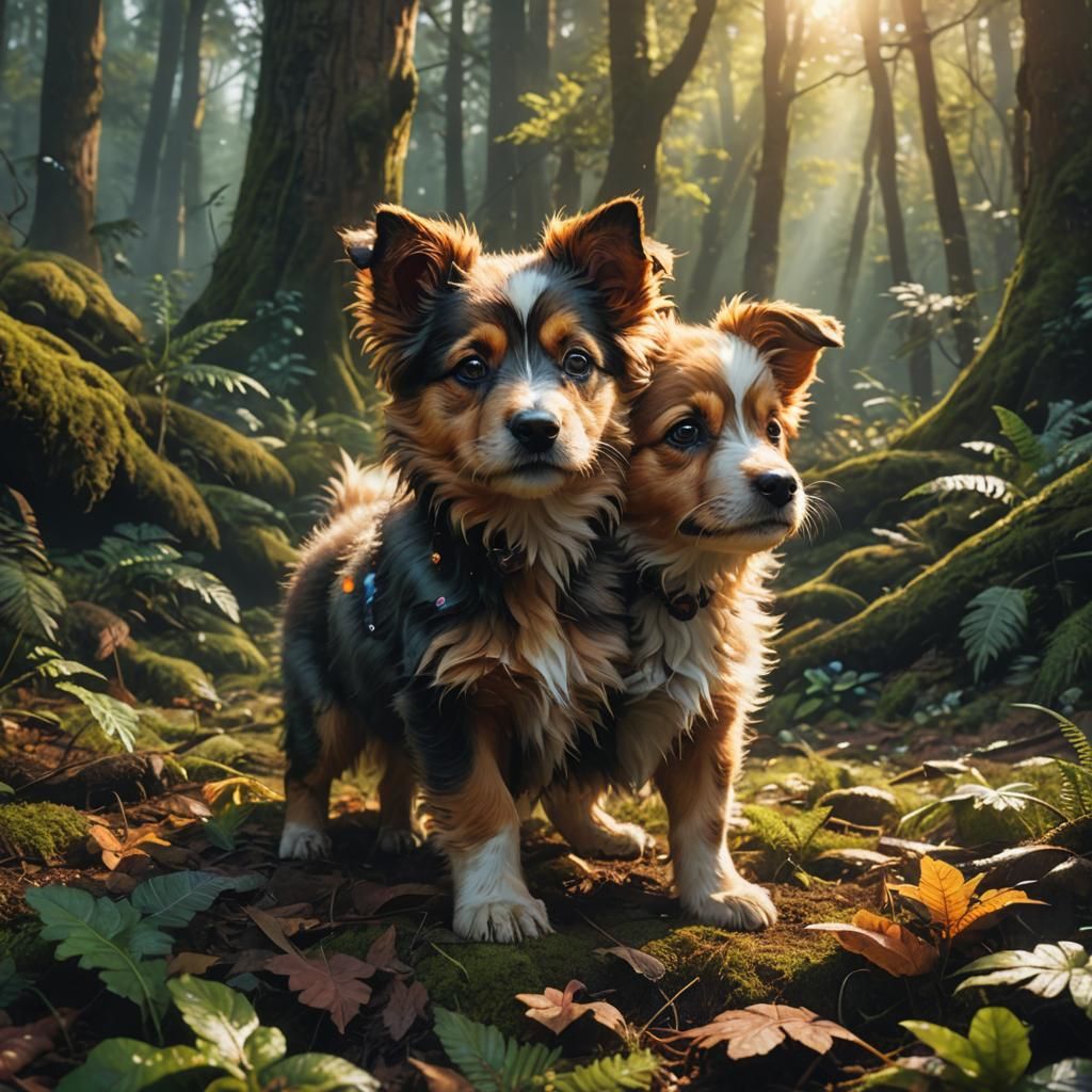 Cute Puppy Playing in Forest: Cinematic Digital Art