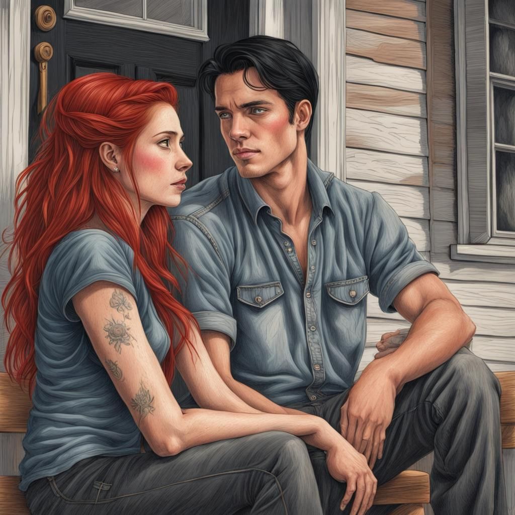 Detailed Pencil Drawing: Lovers on a Worn Porch