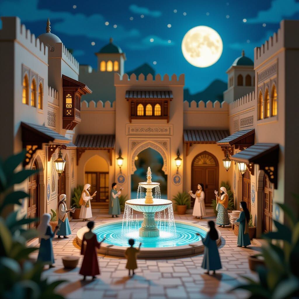 Arabian City Courtyard at Dusk Pop-Up Book Style