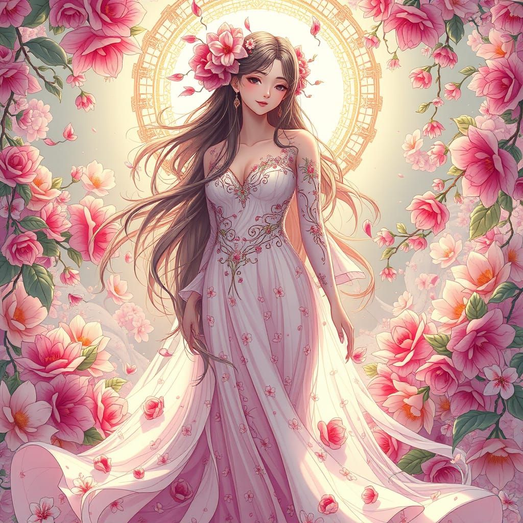 Ethereal Goddess of Blooming Beauty in Vibrant Floral Aura