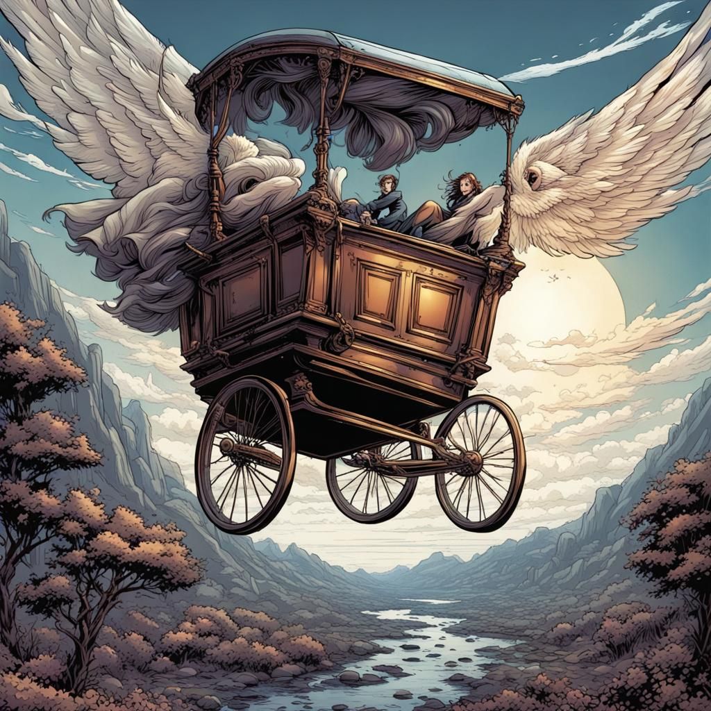Whimsical Flying Pram in Comic Book Style
