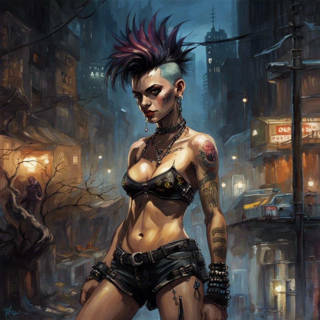 Punk Woman with Mohawk in City Night, Comic Book Art