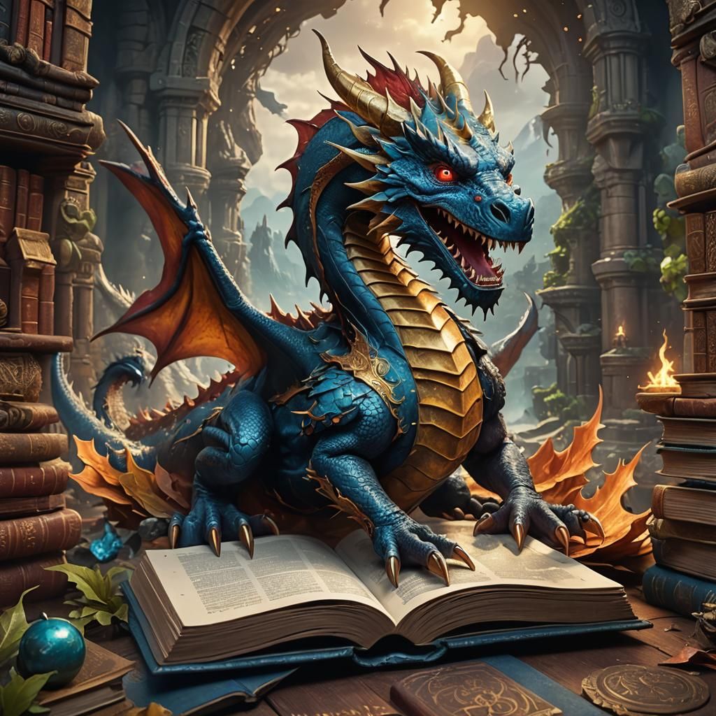 Dragon Emerges from Pop-Up Book in Detailed Painting