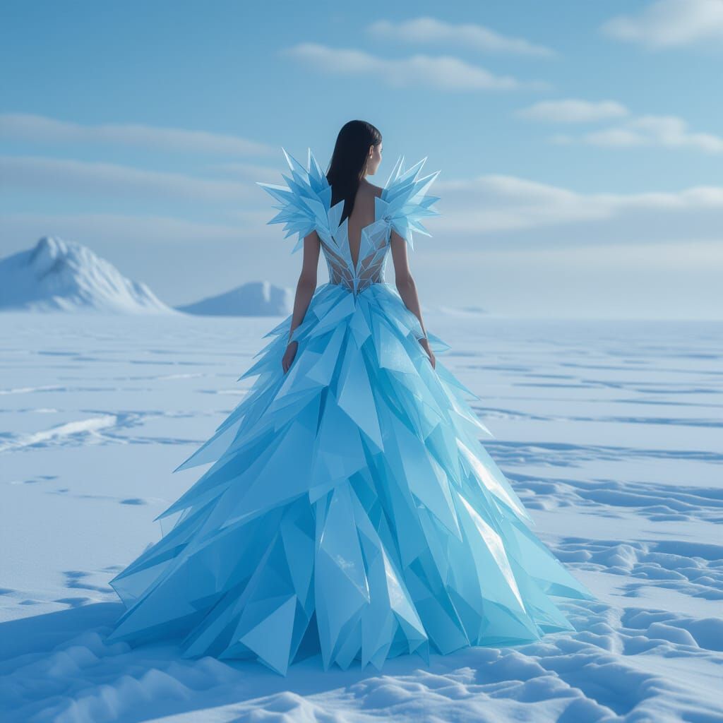 Figure in Avant-Garde Glass Gown on Icy Plain