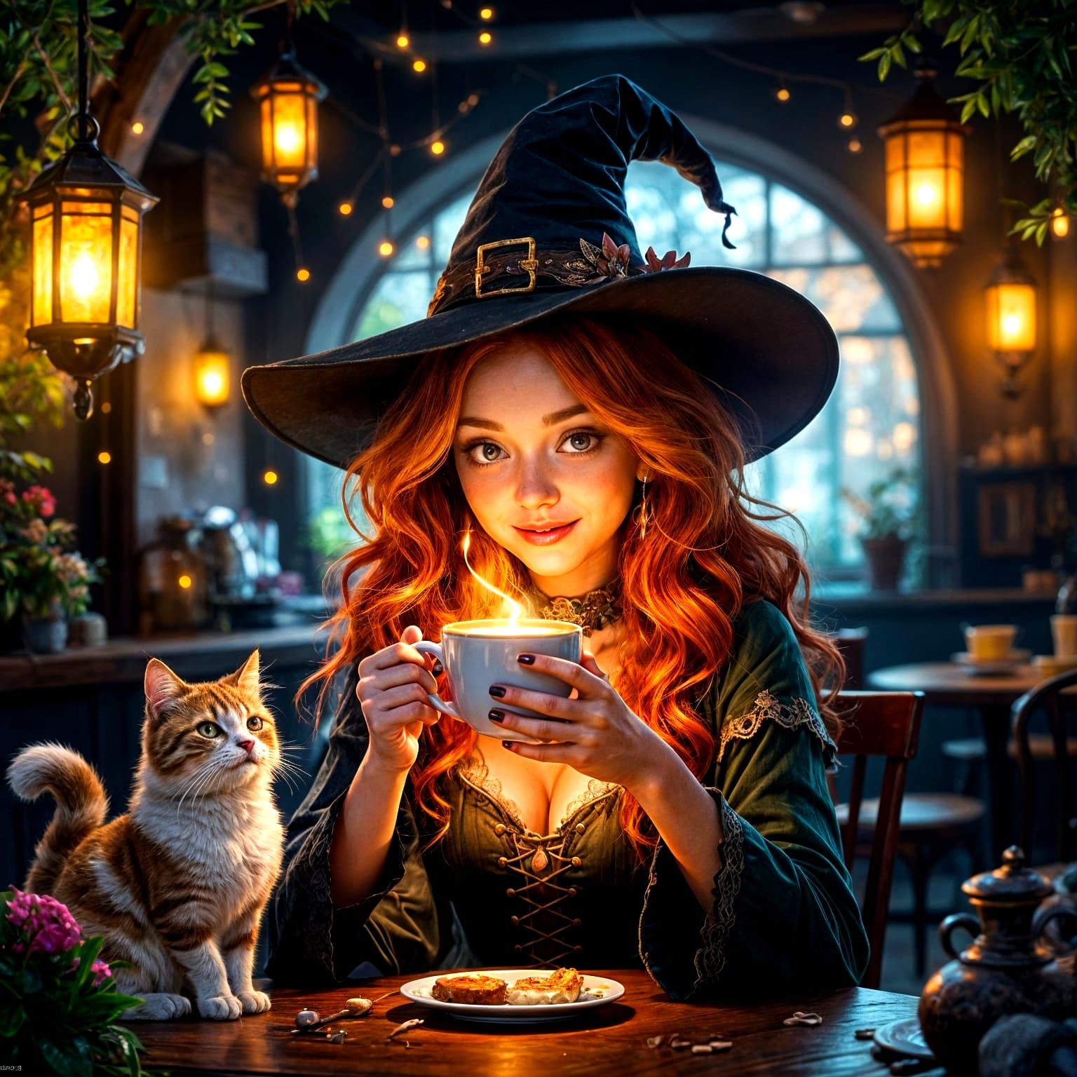 Cozy Witch Enjoys Magical Coffee With Cat Familiar