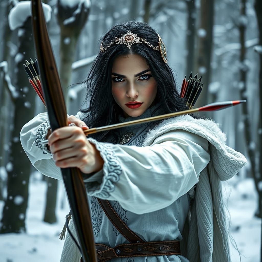 Menacing Woman Warrior in Snowy Forest, Hyperrealistic Style