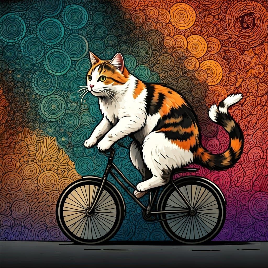 Vibrant Calico Cat on a Whimsical Bicycle