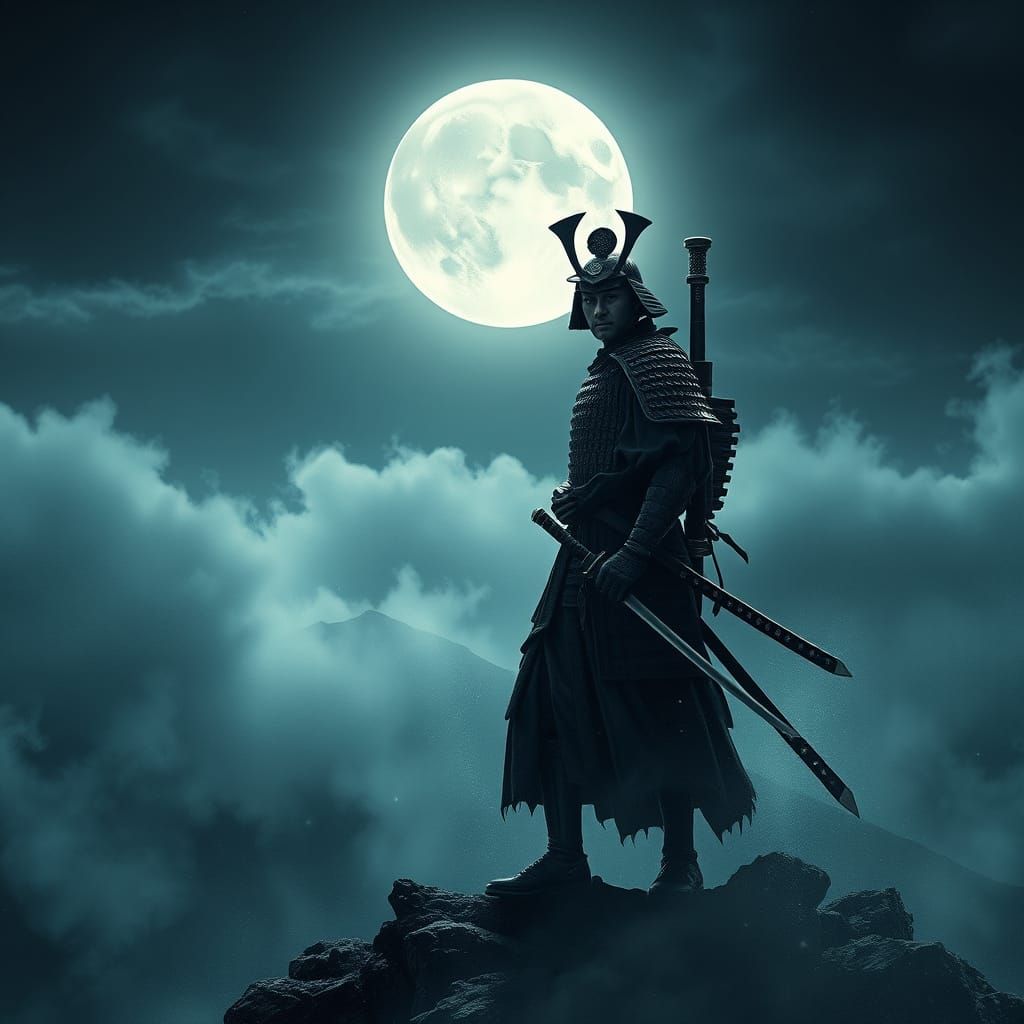 Epic Samurai Warrior on Windswept Mountaintop in Cinematic F...