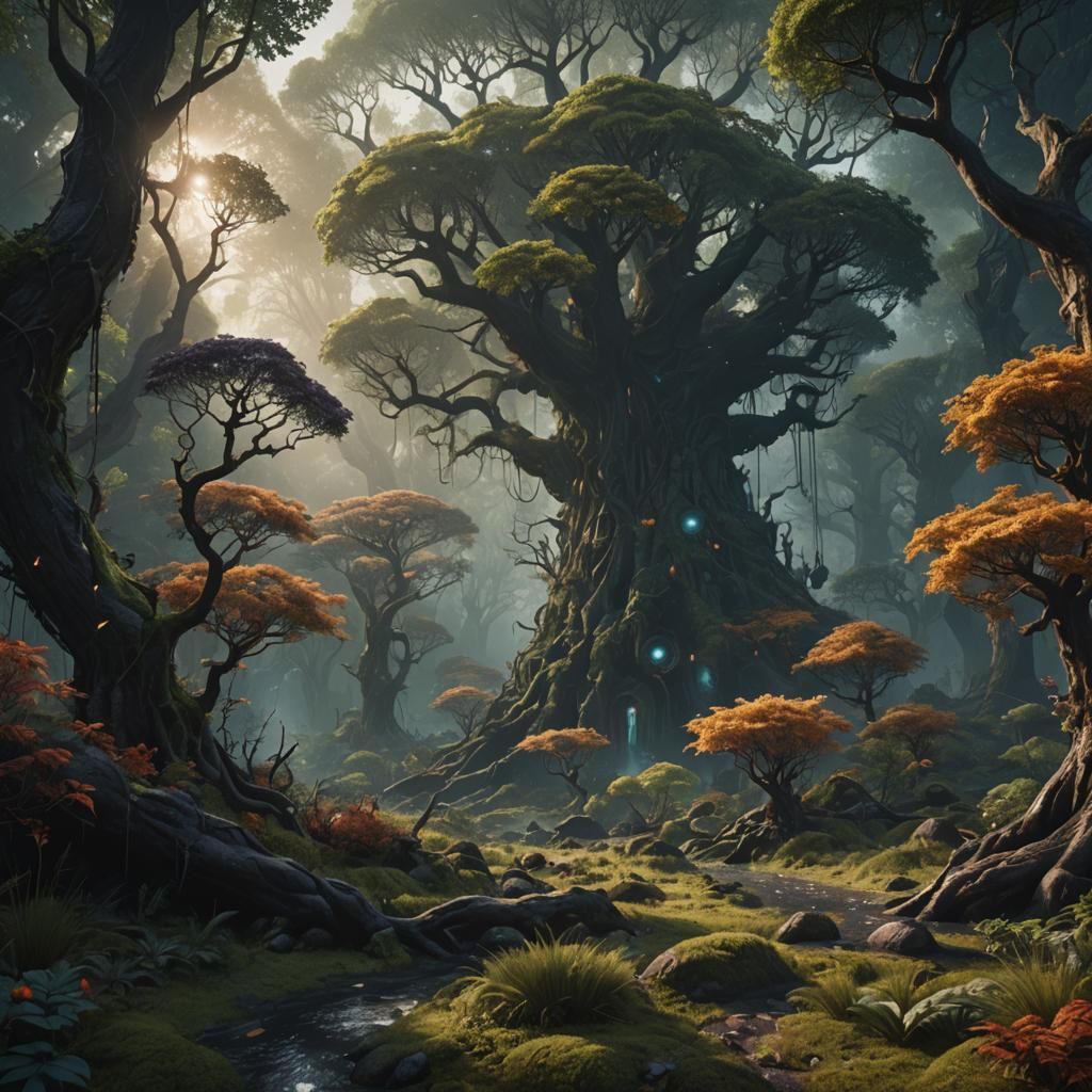 Mystical Black Sun Illuminates Parallel Universe Forest