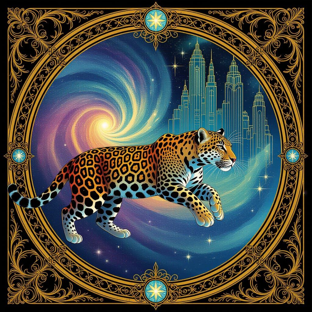 Leopard Transforms into Cosmic Nebula in Art Nouveau Citysca...