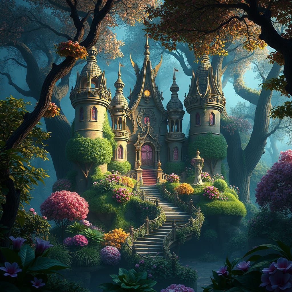 Surreal Woodland Palace in Vibrant Colors