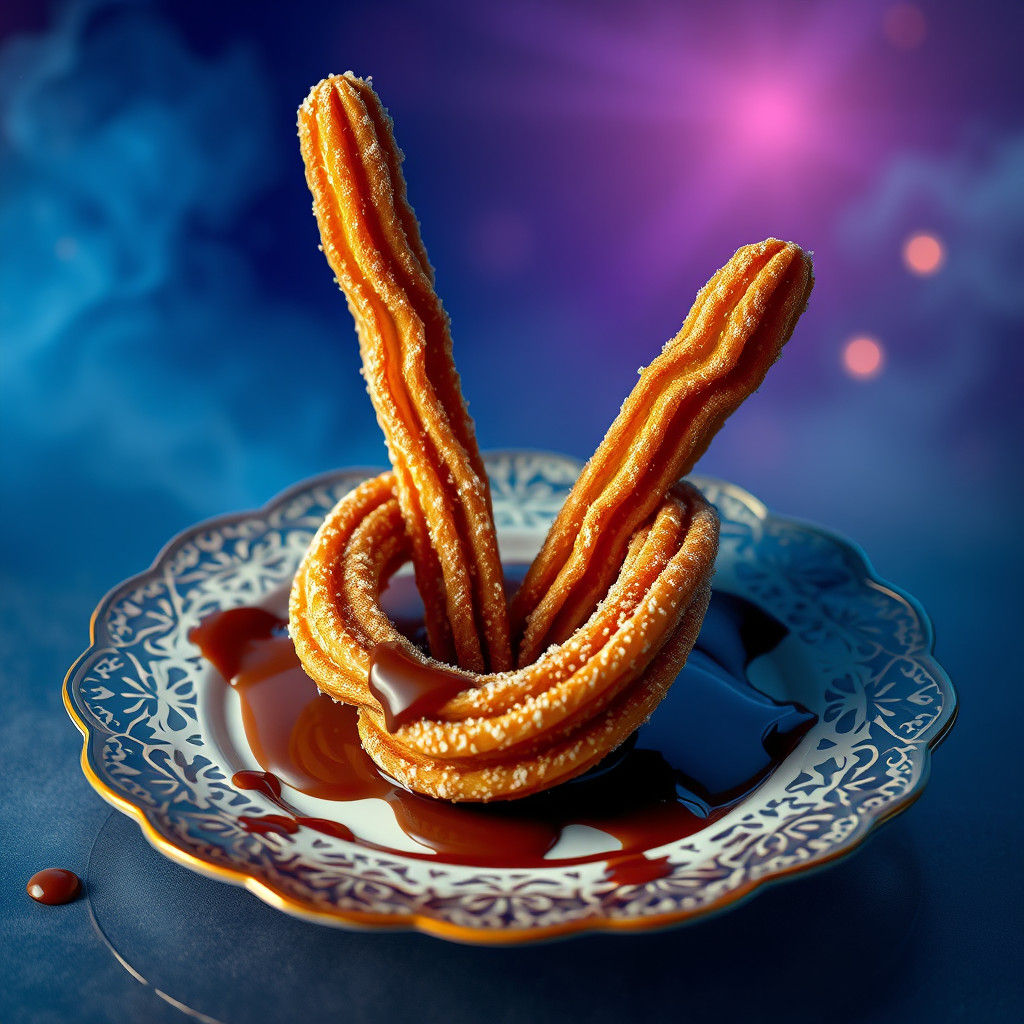 Golden Churro with Chocolate in Dreamlike Setting
