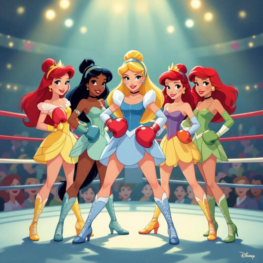 Disney Princesses in Boxing Gear Posing in Ring