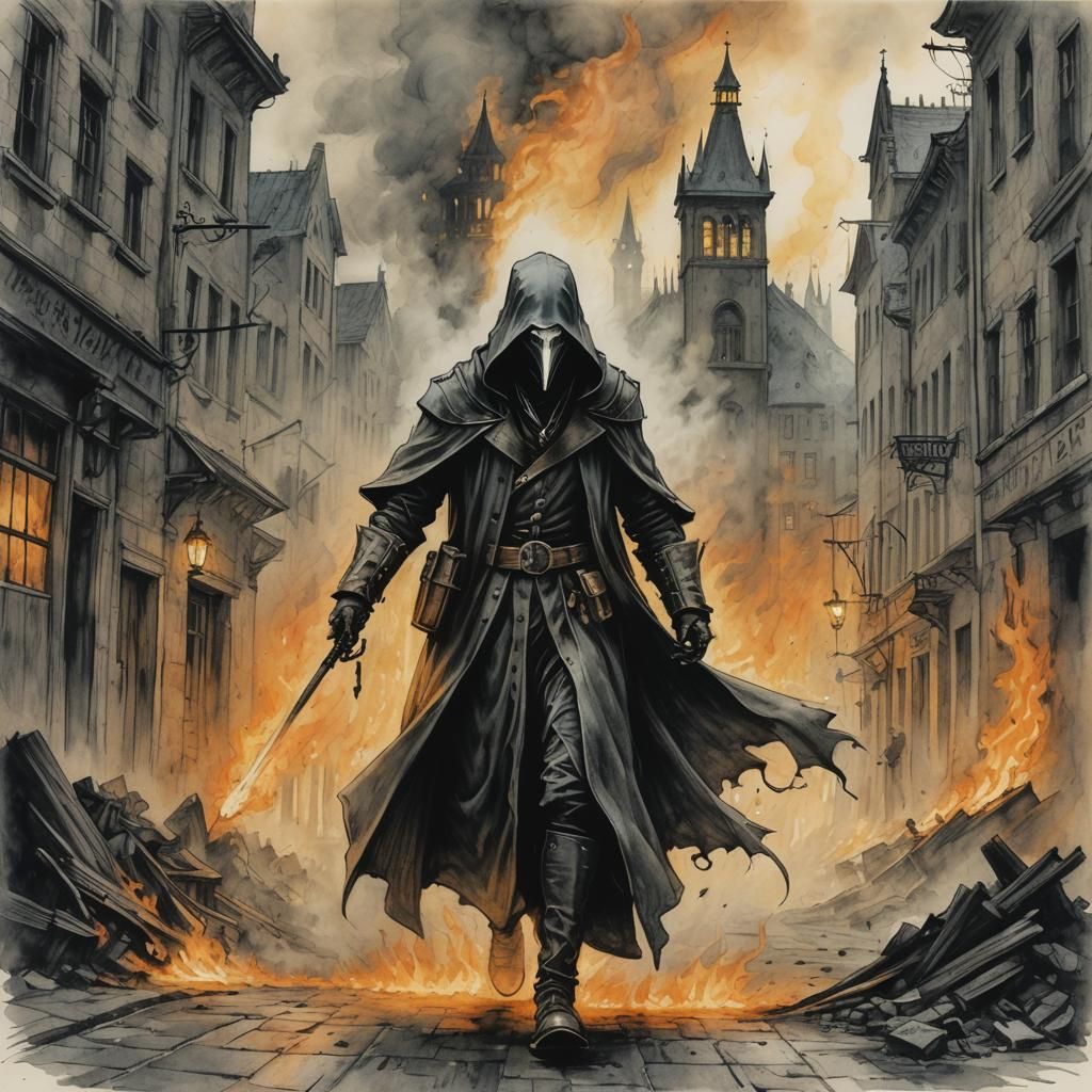 Plague Doctor in a Smoky City, Ink Sketch