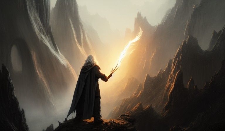 Wizard Confronts Balrog in Fantasy Art Style