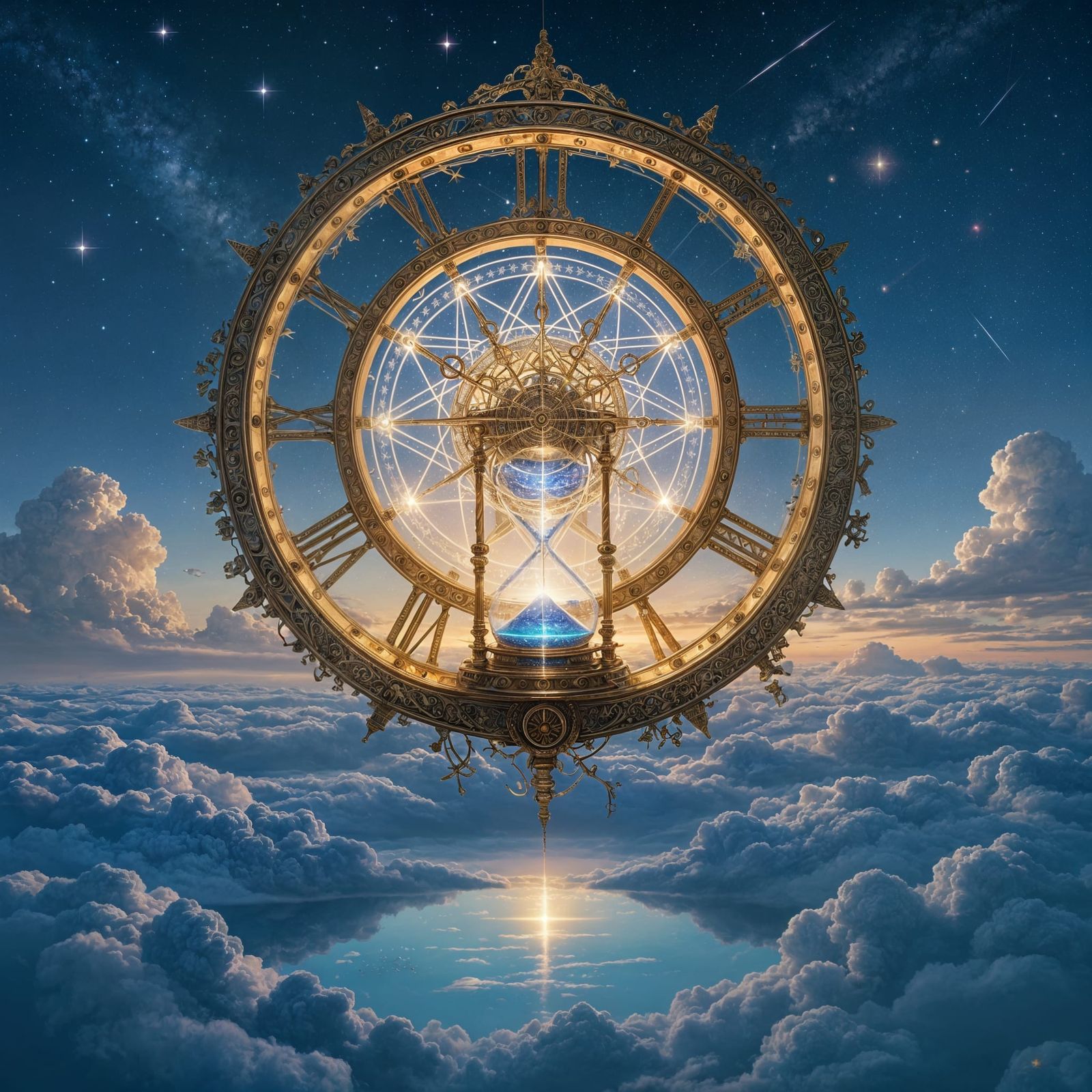 Celestial Timepiece Floating Above Misty Landscape