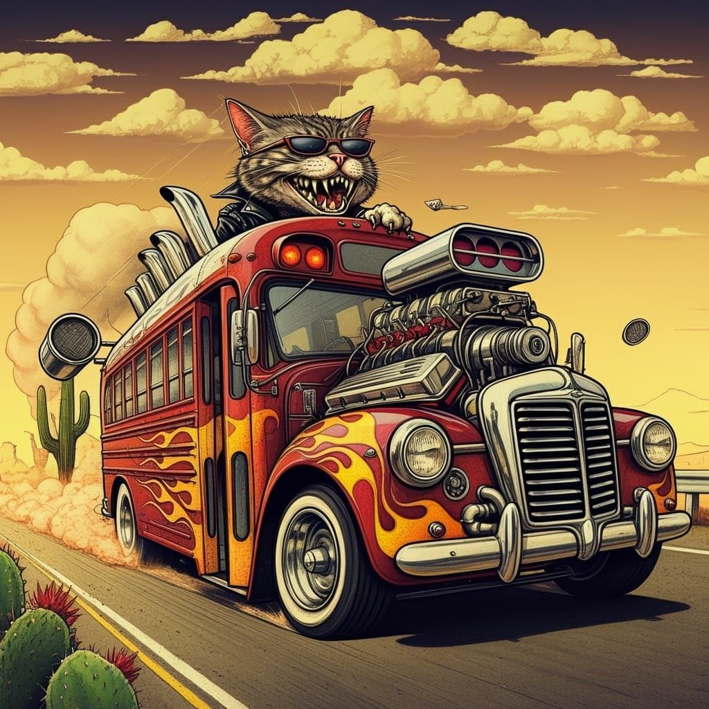 Rat Fink Cat Drives Hot Rod School Bus