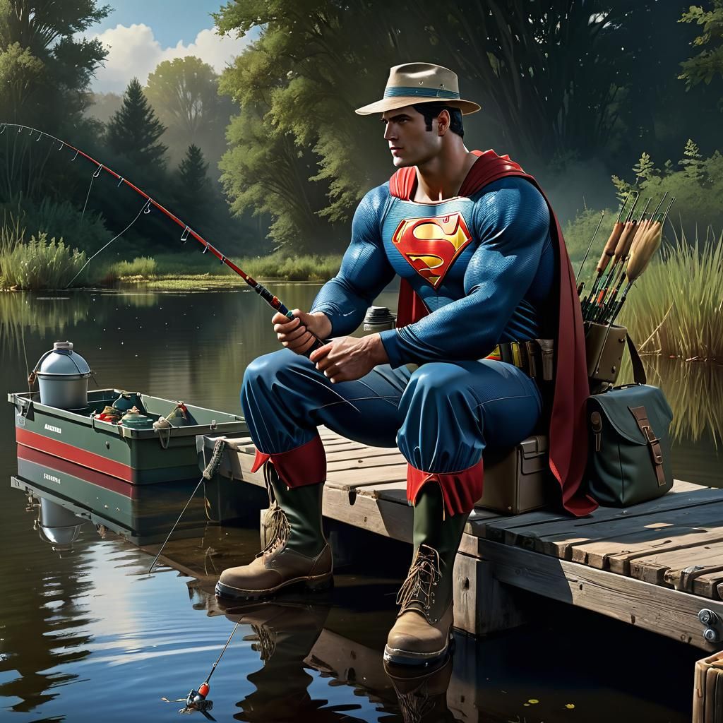 Superman as Fisherman on Dock, Detailed Matte Painting
