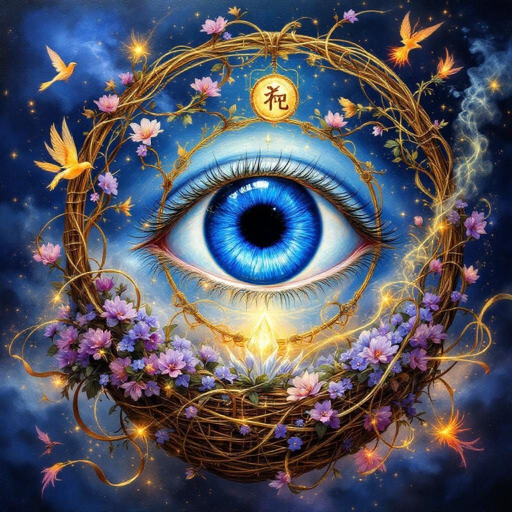 Sapphire Eye in Enchanted Basket, Impasto Painting