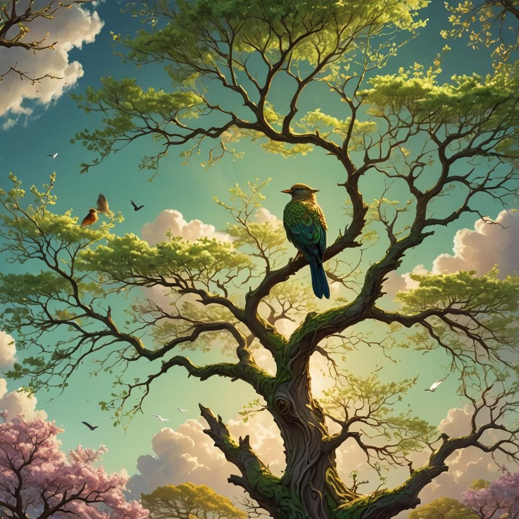 Majestic Spring Tree in Vibrant Fantasy Art Style