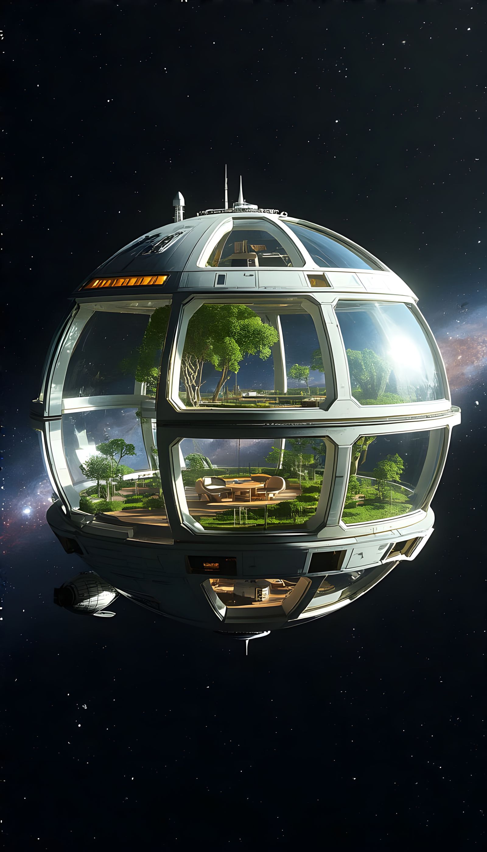 A hollowed-out planet-sized transparent solarpunk terrarium biosphere modular interlocking generation ship spacecraft in...