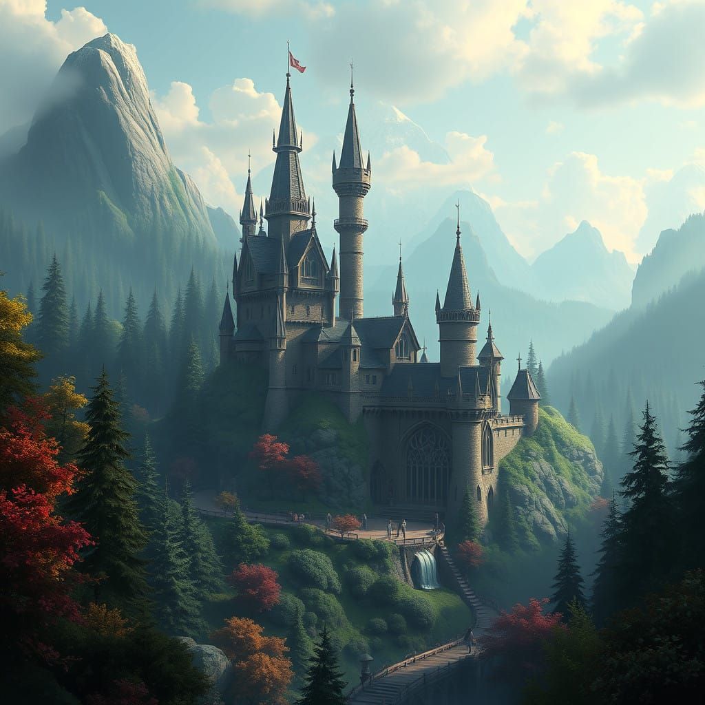 Ethereal Fantasy Realm with Majestic Castle amidst Whimsical...
