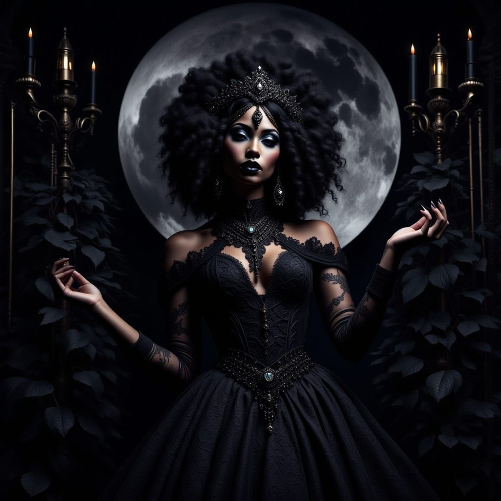 African Goth Woman Under Moon in Gothic Art Style