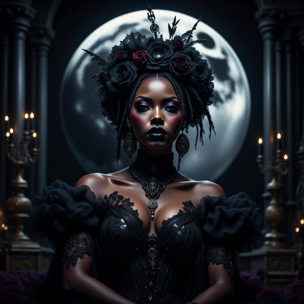 African Gothic Woman Under Luminescent Moon
