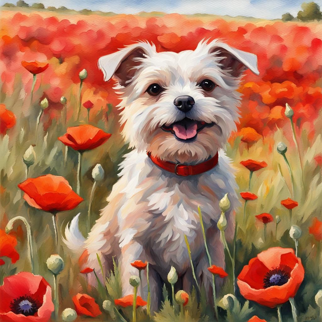 Dog in Poppy Field: Gouache Impressionist Painting