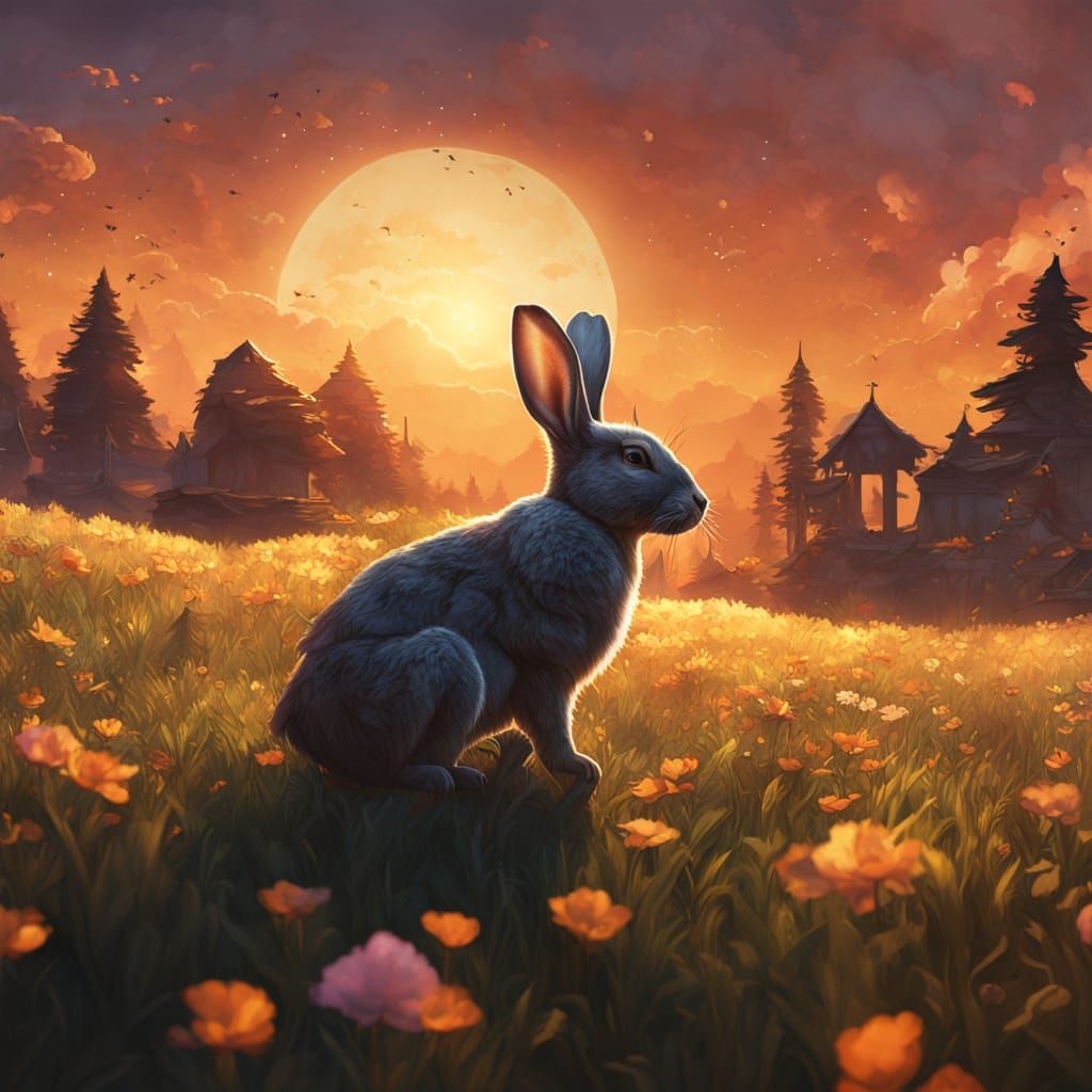 Bunny Silhouette Merges with Golden Sunset Meadow Oil Painti...