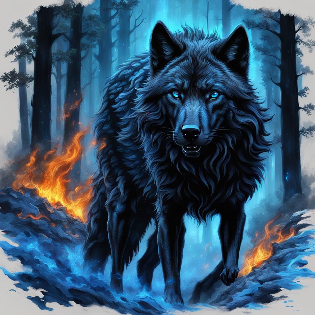 Majestic Black Wolf in a Forest of Blue Flames