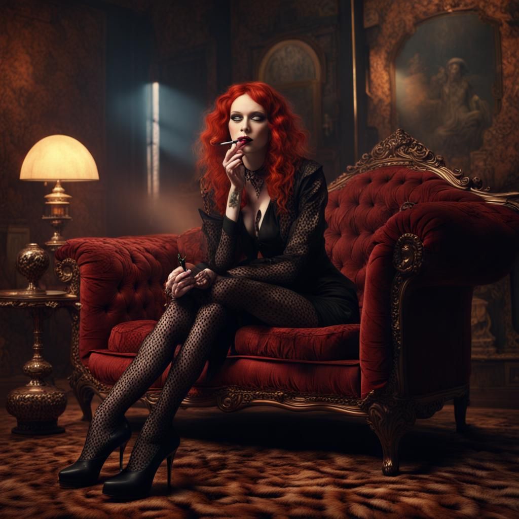 Redhead Goth Smoking on Cheetah Print Couch