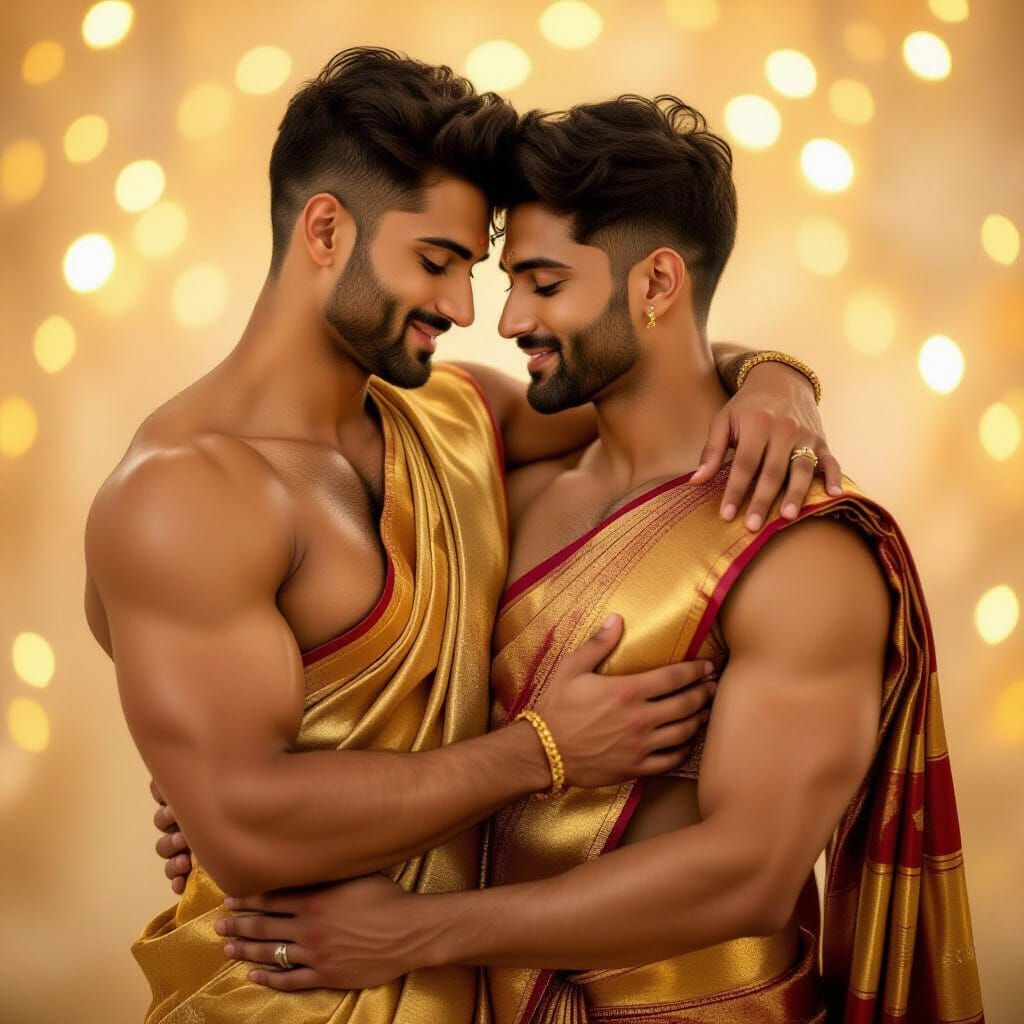 Men in Sarees Hugging in Golden Light