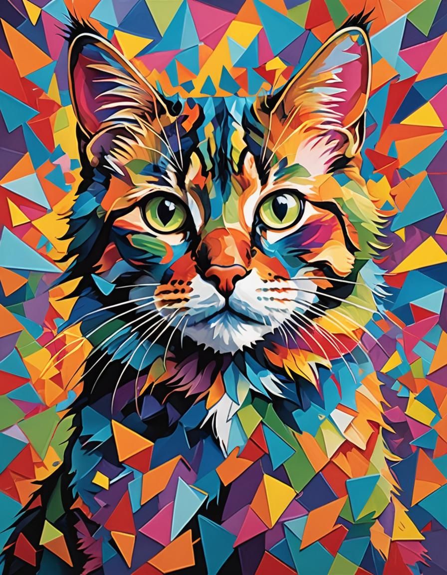 Kaleidoscopic Cat Portrait with Colorful Shards