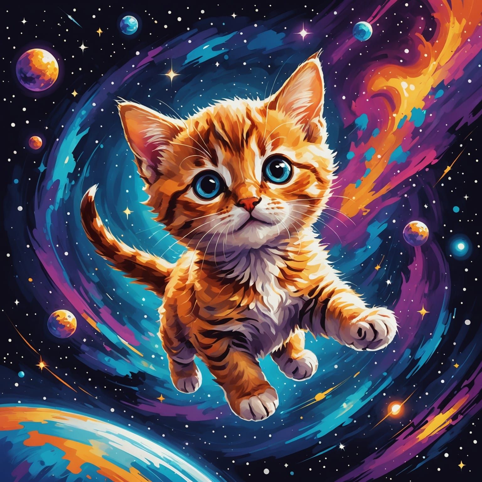 Cute Kitten Flies Through Space in Impressionist Style