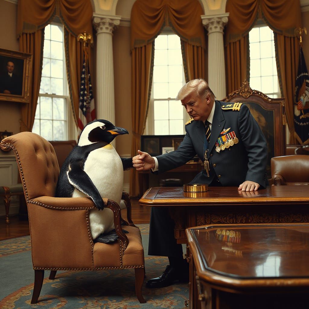 a penguin  sits in the white house meeting donald trump