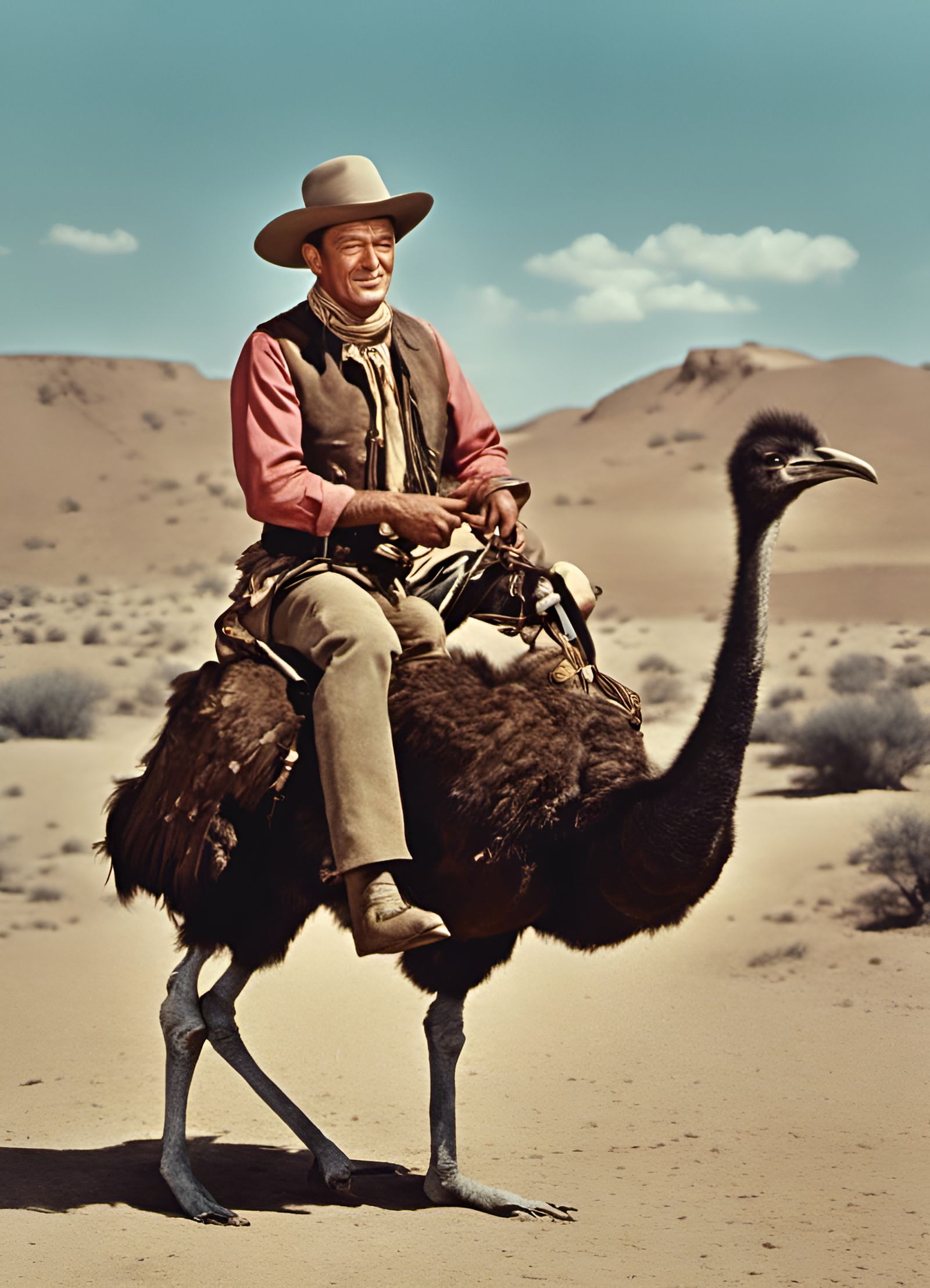 John Wayne riding an ostrich