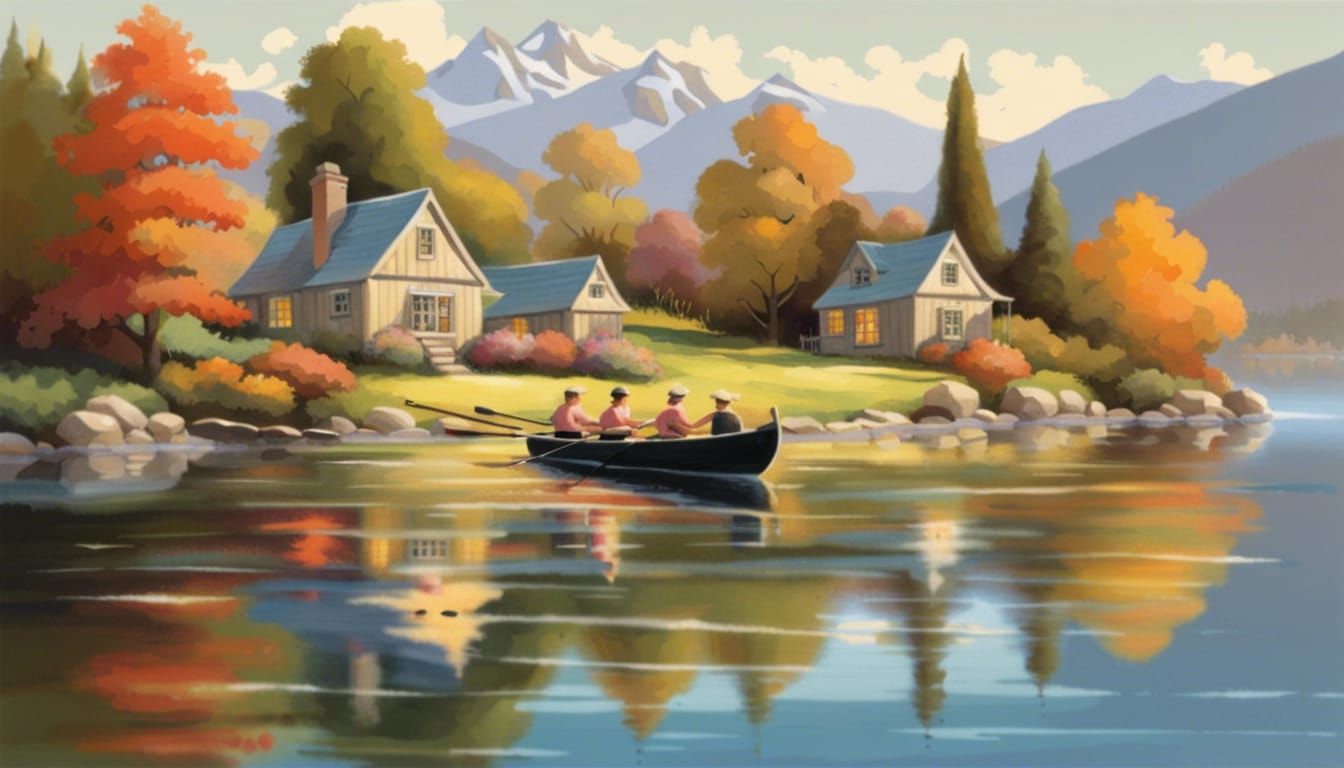 Enchanting Cottage by River with Mountains, Detailed Digital...