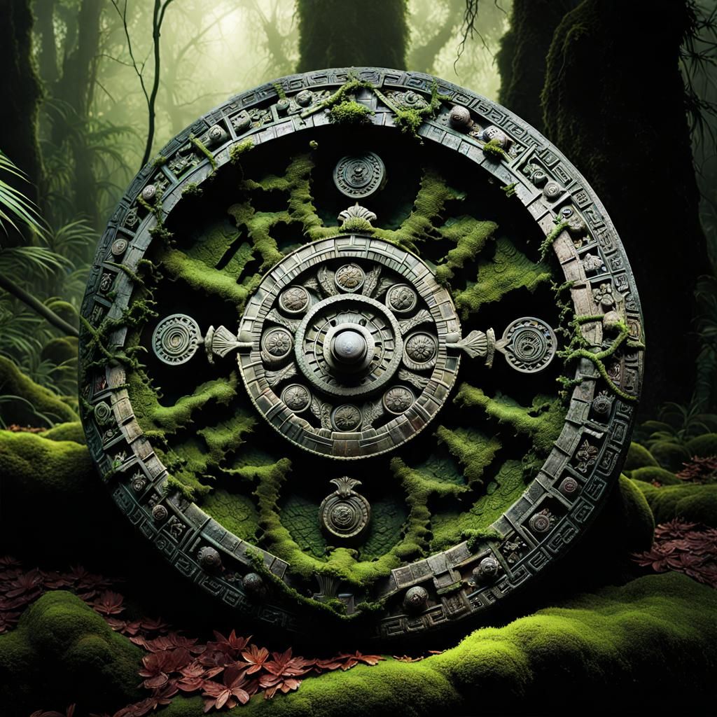 Ancient Mayan Calendar Disk in Jungle Ruins