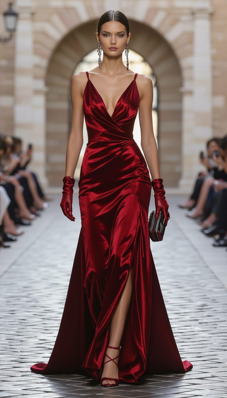 Alfa Romeo Supermodel in Crimson Gown on Roman Runway